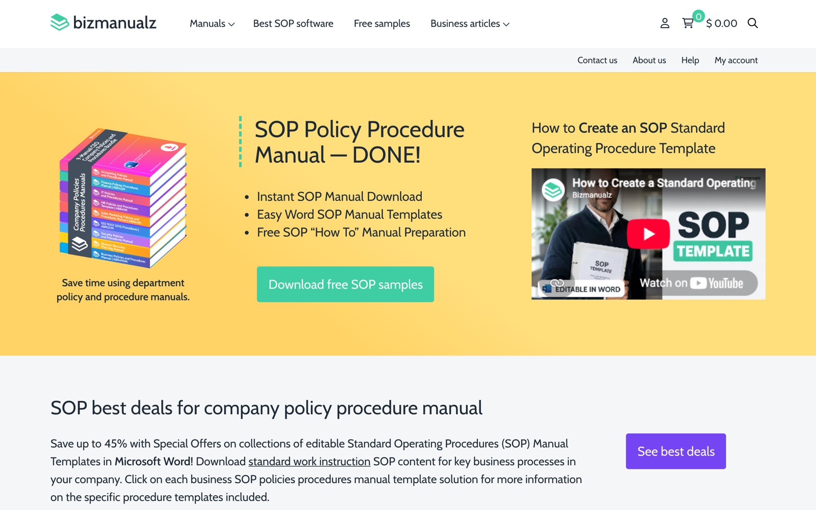 Bizmanualz homepage screenshot: SOP policy and procedure manual templates