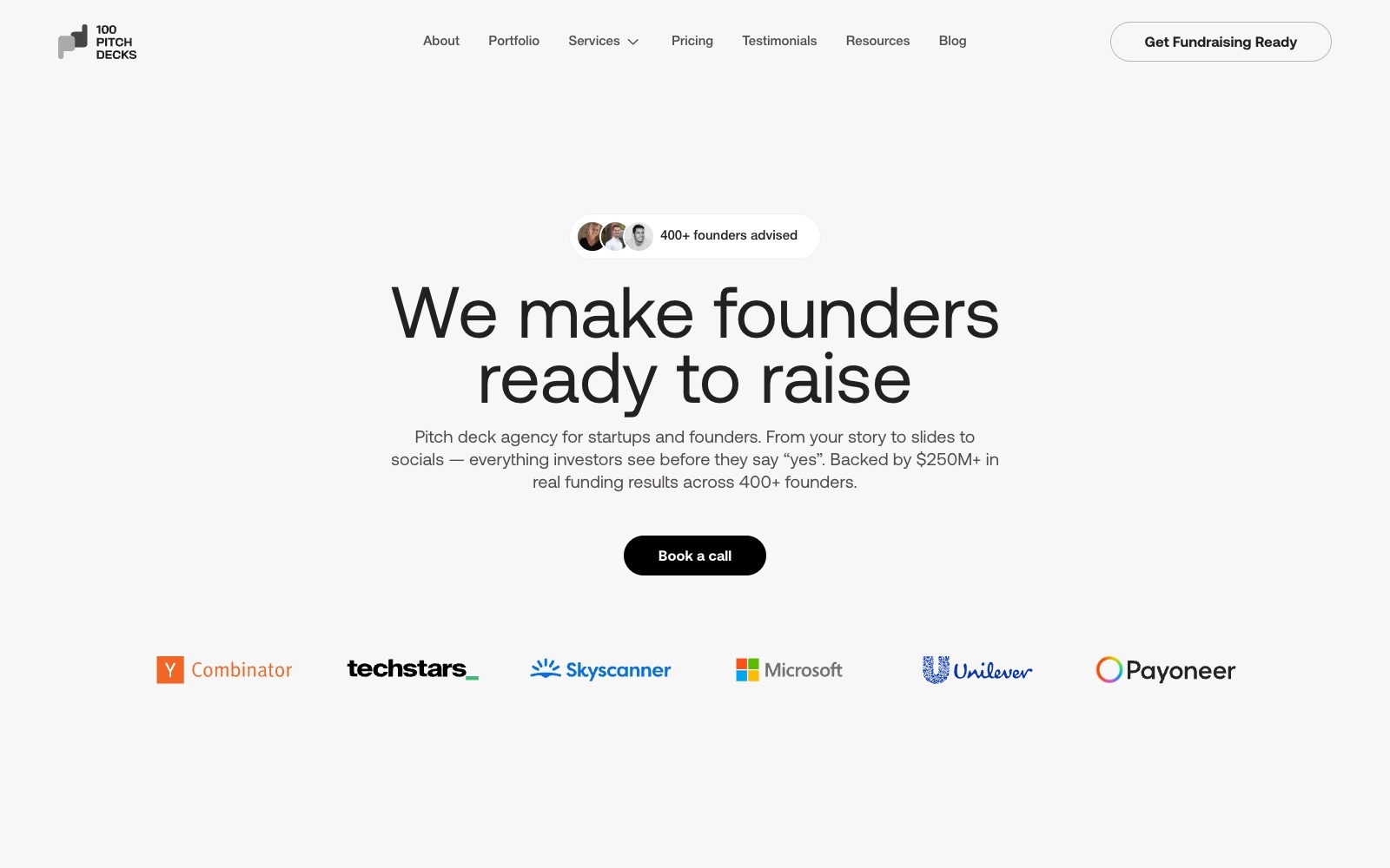 100PitchDecks homepage screenshot: pitch deck agency for startups