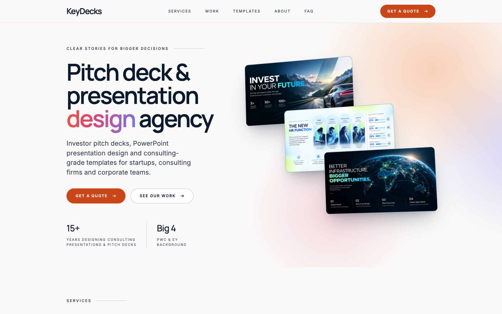 KeyDecks homepage screenshot: pitch deck agency in Europe