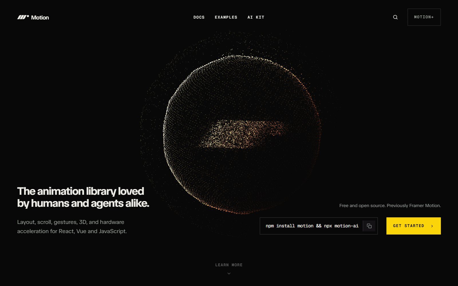 Motion animation library homepage screenshot (October 2026)