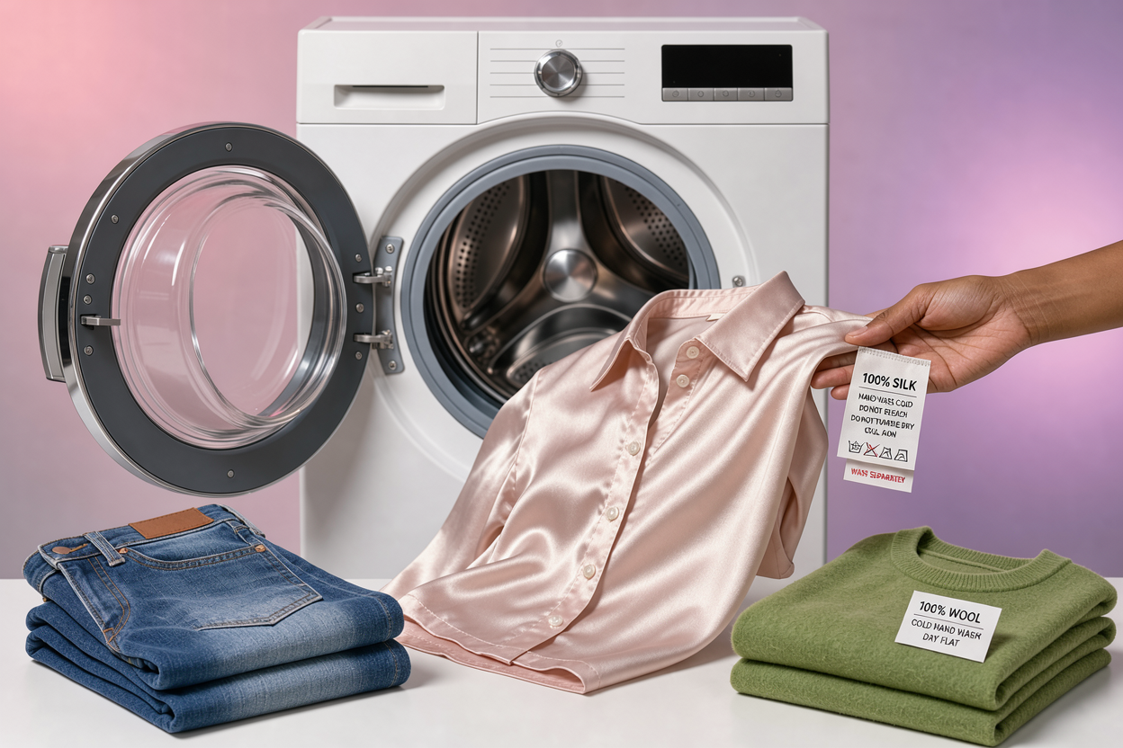 Open washing machine with a hand holding a delicate silk blouse and visible care labels, other garments like denim and wool placed separately