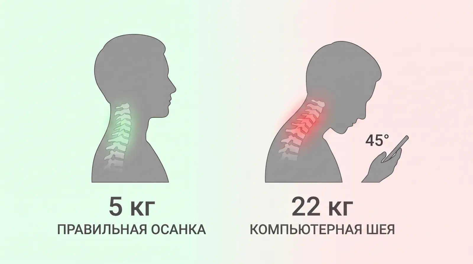 нагрузка на шею: 5 кг при ровной голове и 22 кг при наклоне к телефону