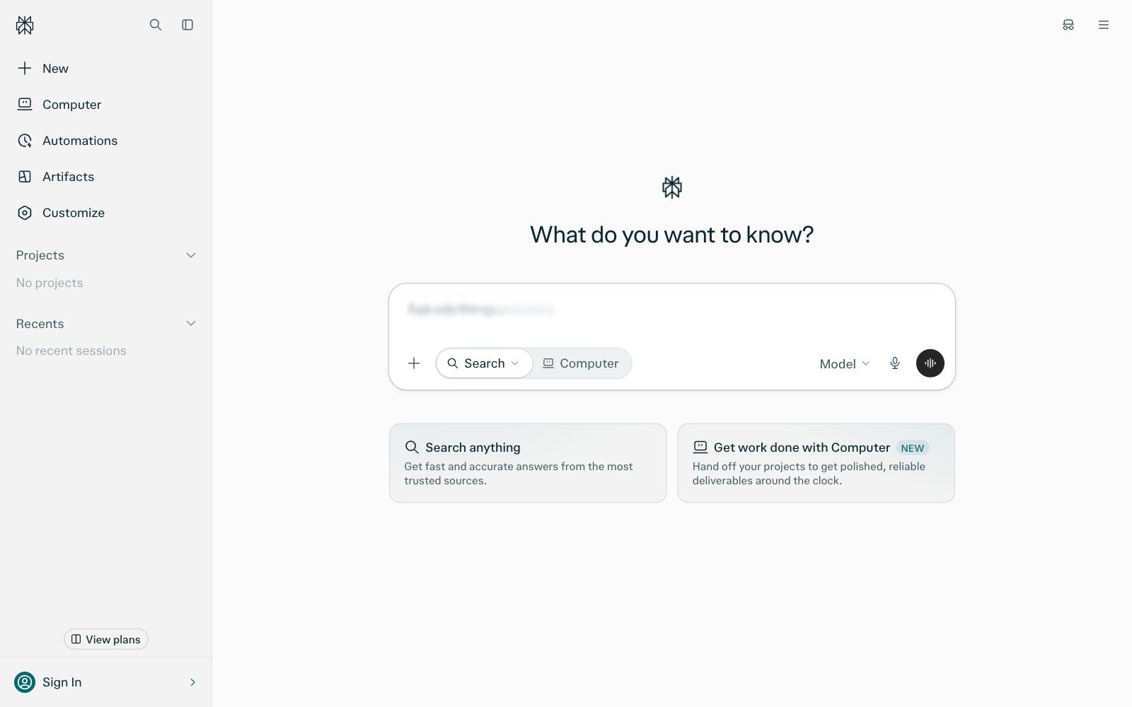 Perplexity homepage screenshot: AI answer engine with cited sources for market research