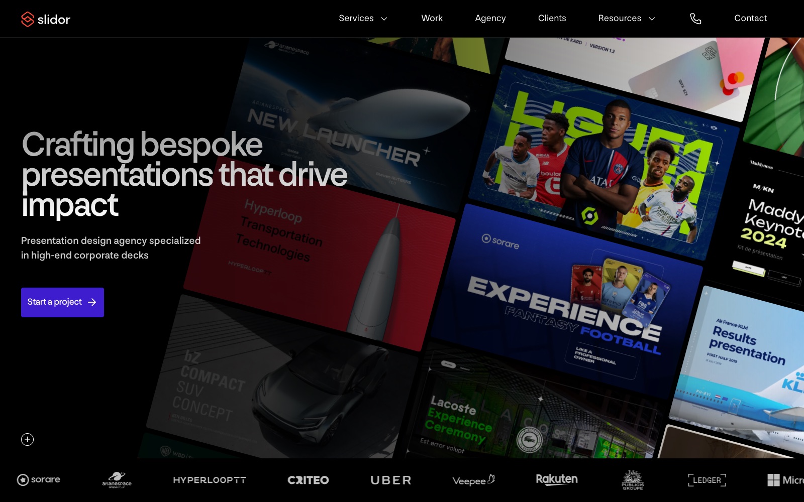 Slidor homepage screenshot: pitch deck agency in Europe