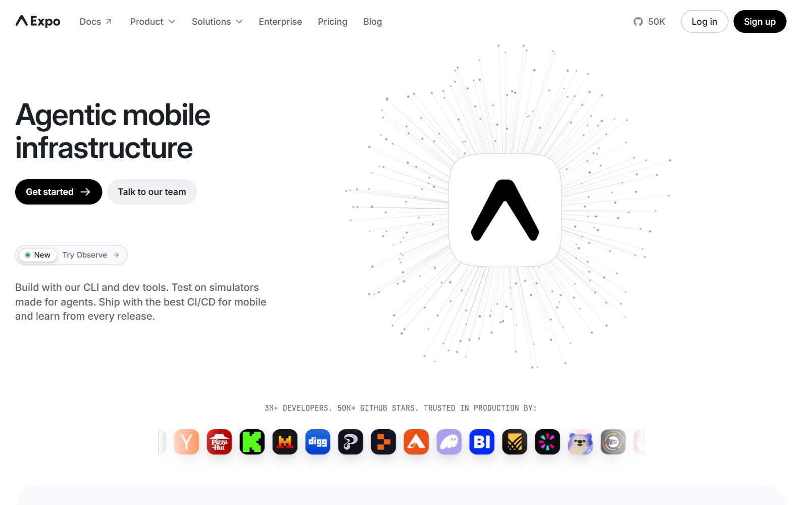 Expo agentic mobile infrastructure homepage screenshot (October 2026)