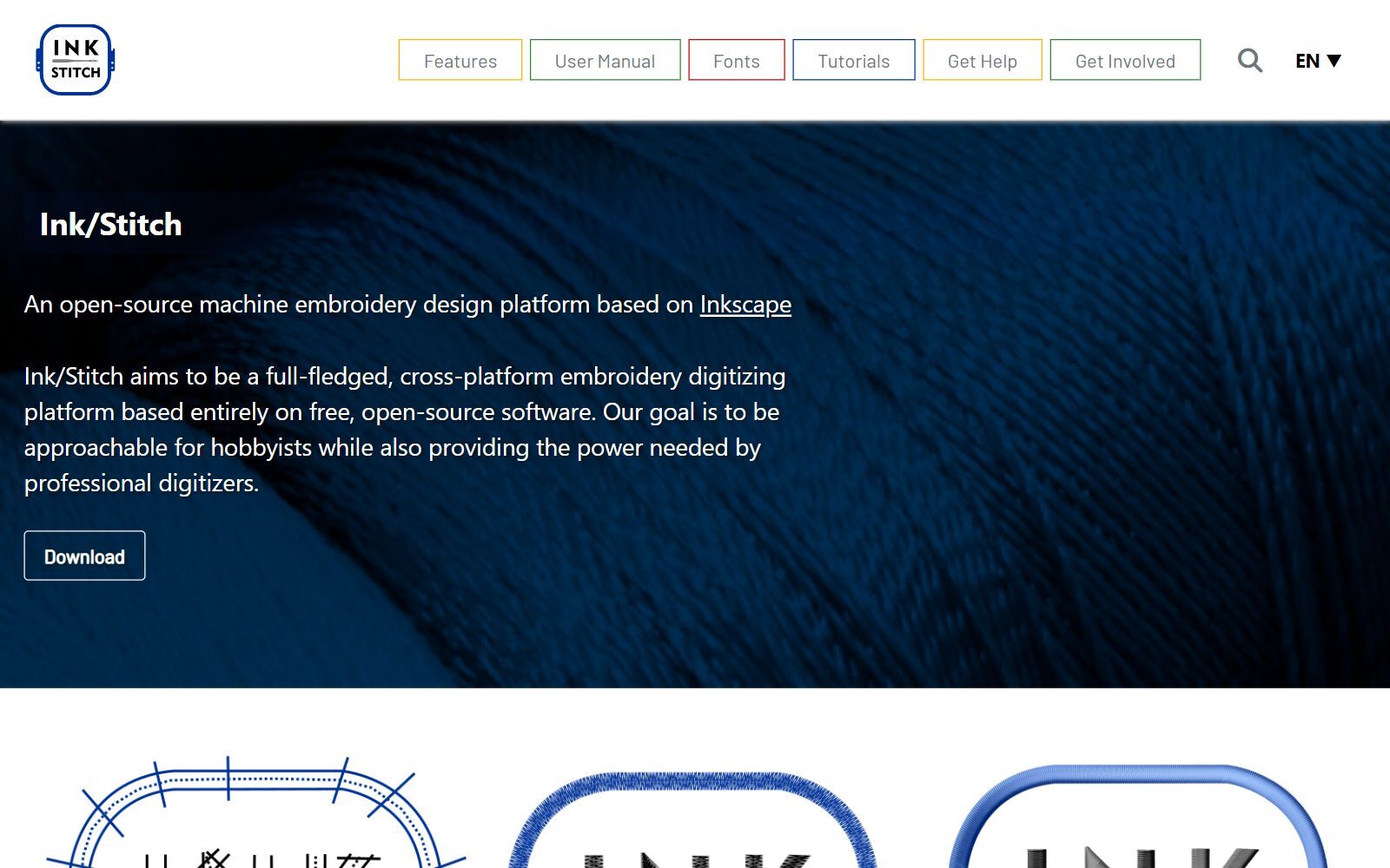 Ink/Stitch homepage screenshot (October 2026)