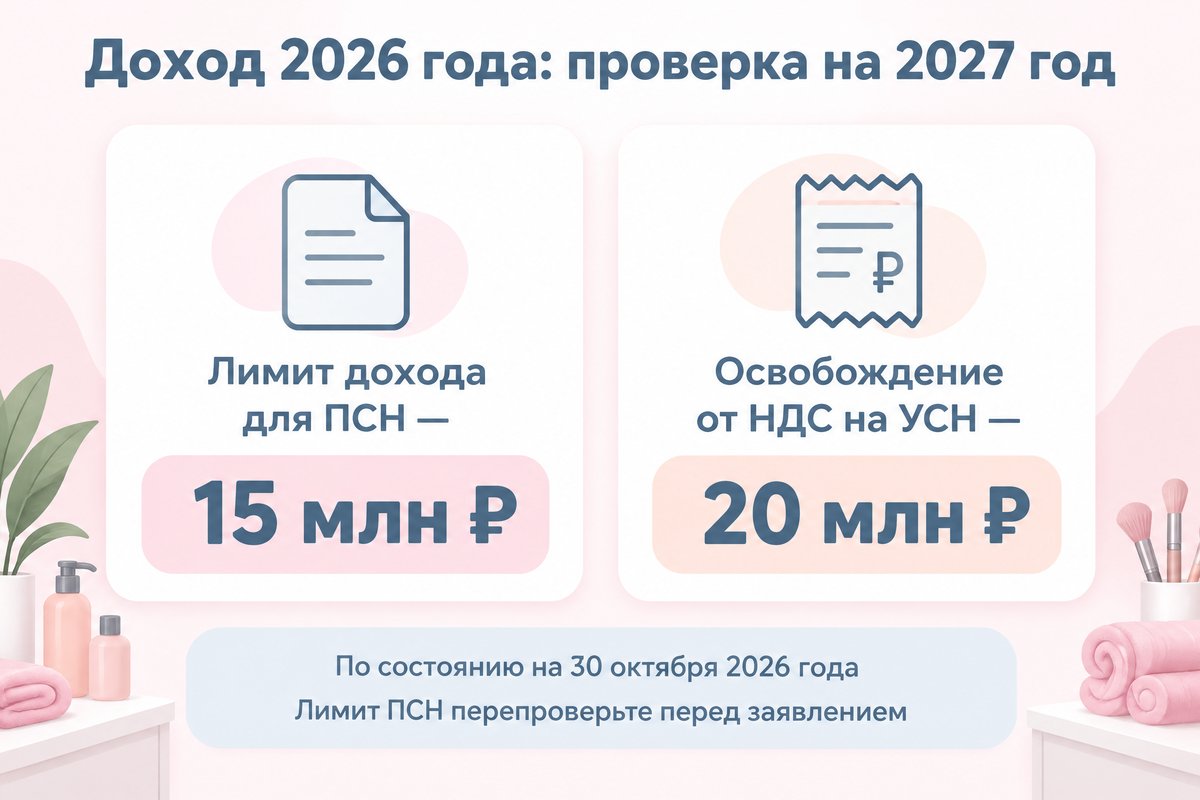 Проверка дохода за 2026 год: лимит ПСН на 2027 год 15 млн ₽ и порог освобождения от НДС на УСН 20 млн ₽