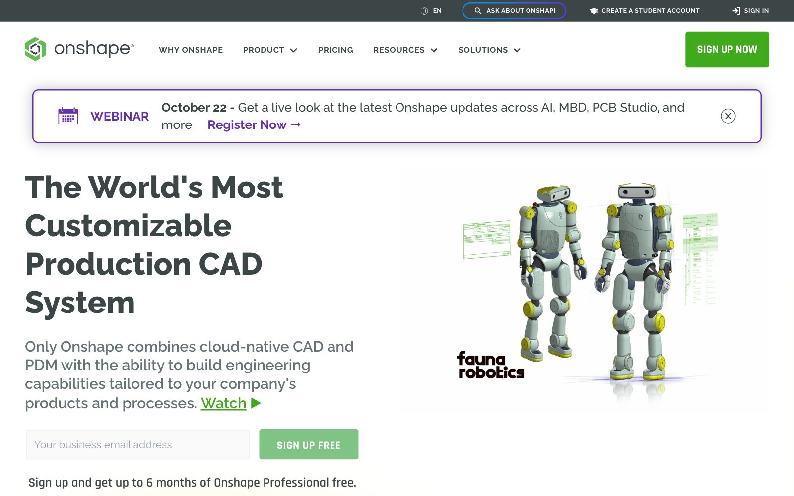 Screenshot of the Onshape homepage with the headline The World's Most Customizable Production CAD System, a line about cloud-native CAD and PDM, a sign-up form and two rendered humanoid robots