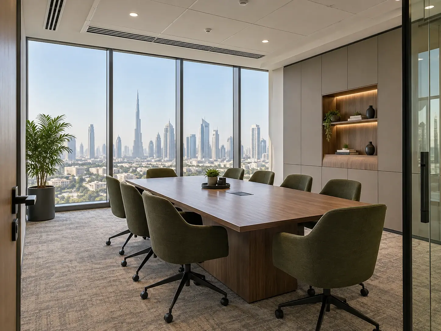 A contemporary office meeting room with integrated lighting, air conditioning and walnut joinery