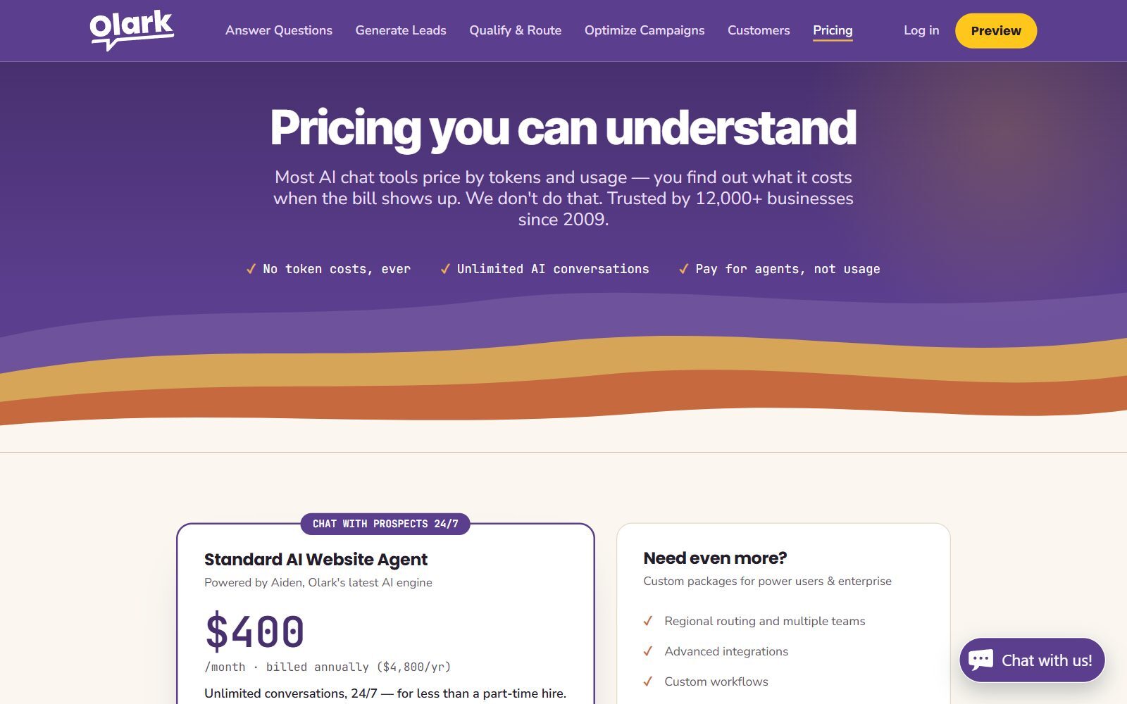 Olark pricing page screenshot (October 2026): Standard AI Website Agent at $400 a month billed annually, unlimited AI conversations