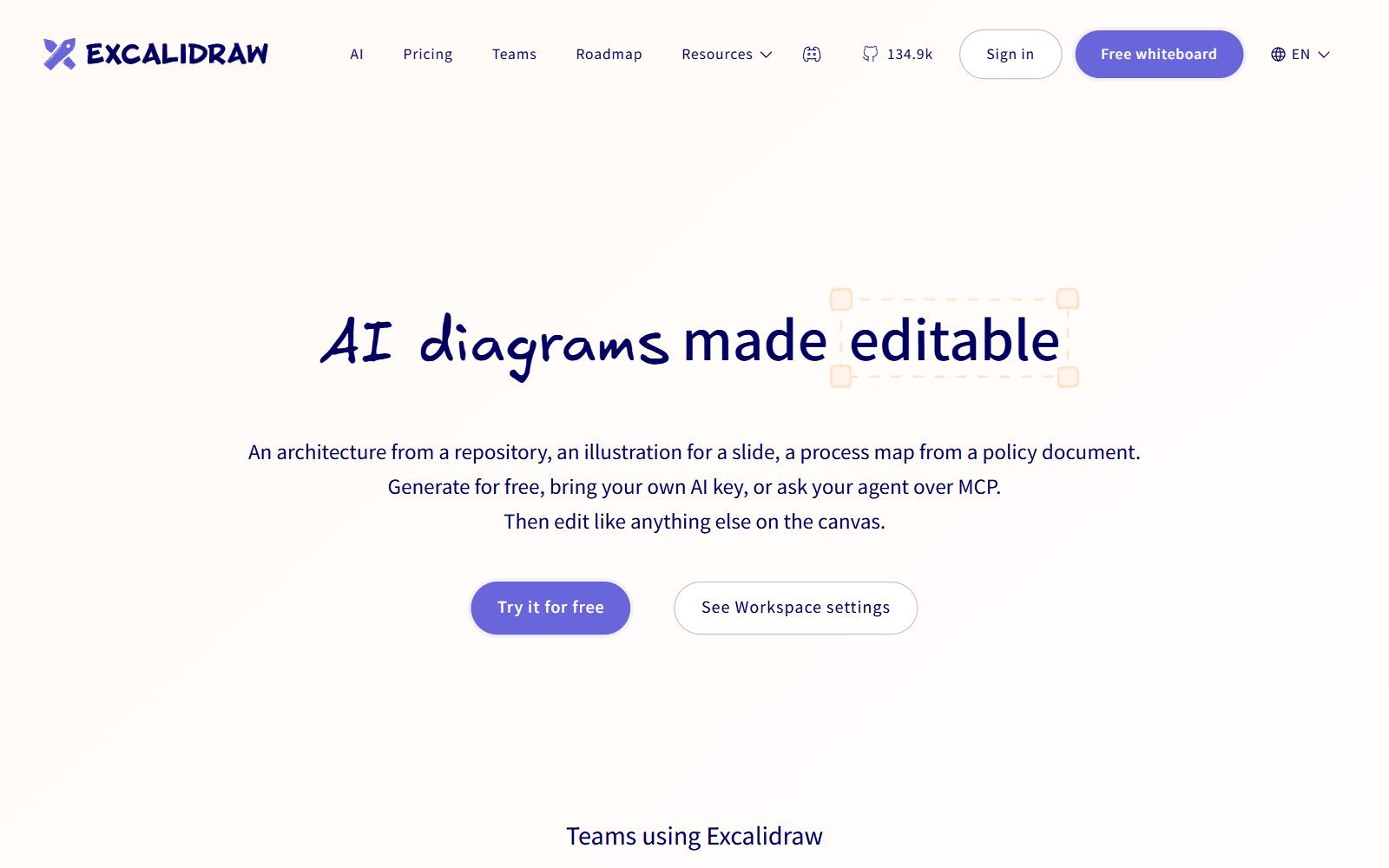 Excalidraw AI diagrams page screenshot (October 2026)