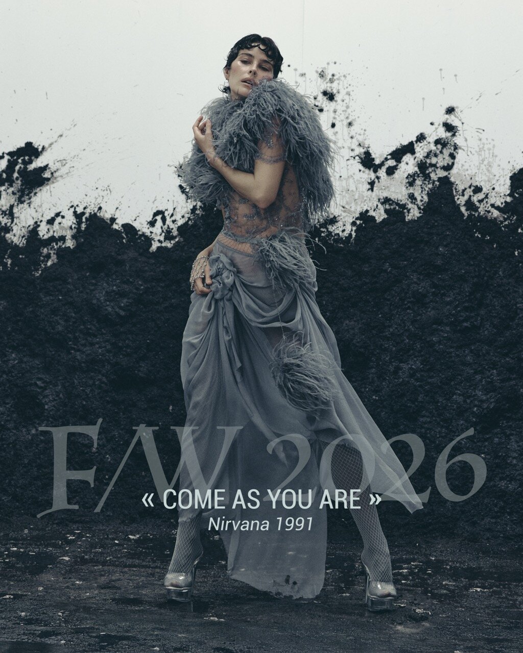 SAY NO MORE Autumn/Winter 2026 campaign — grey feather ensemble