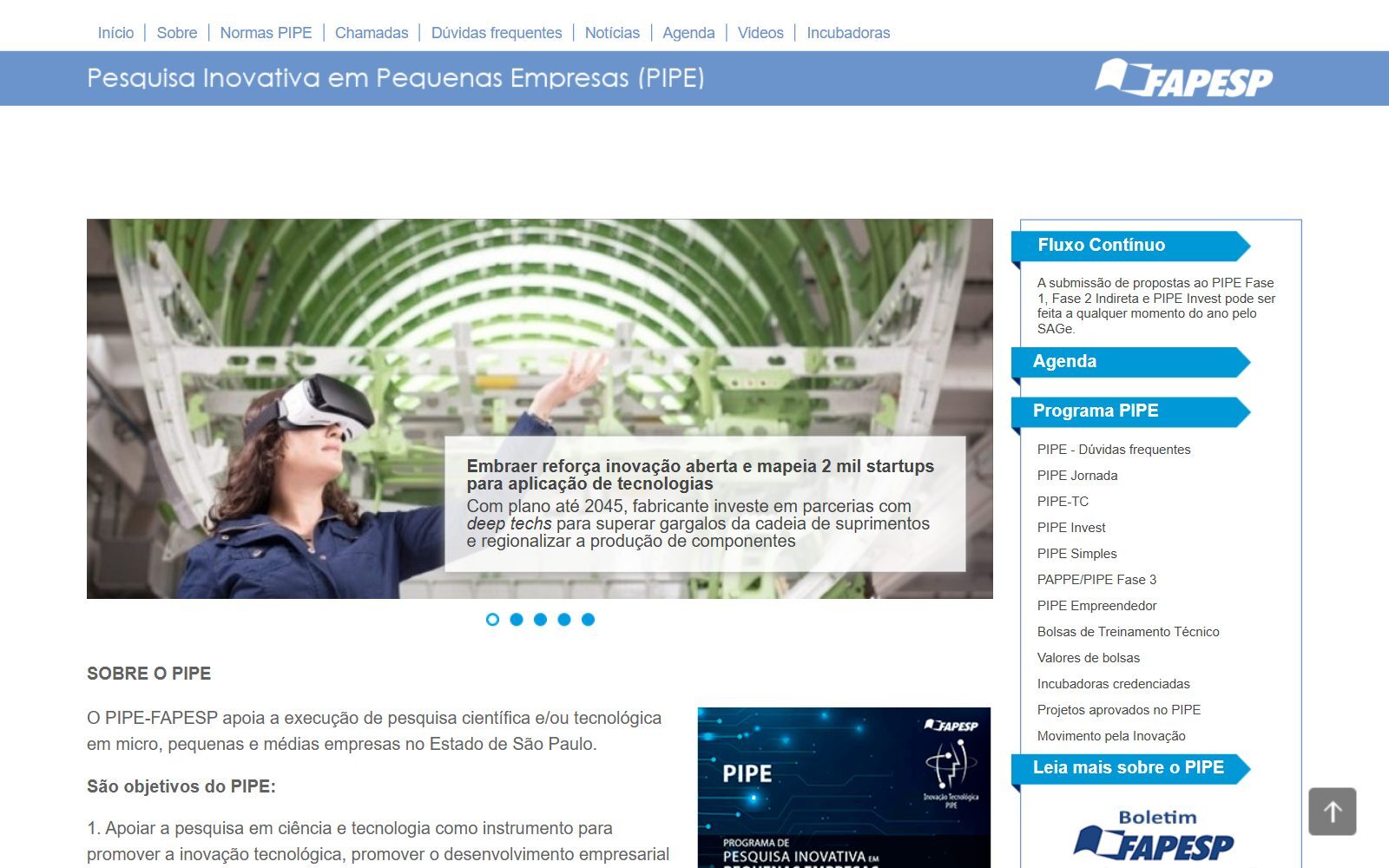 FAPESP PIPE programme page for innovative research in small companies, with continuous submission, screenshot (October 2026)