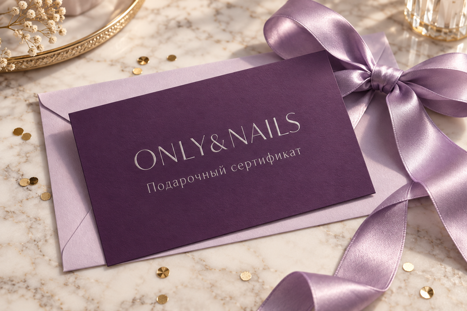 Подарочный сертификат ONLY&NAILS с лиловой атласной лентой