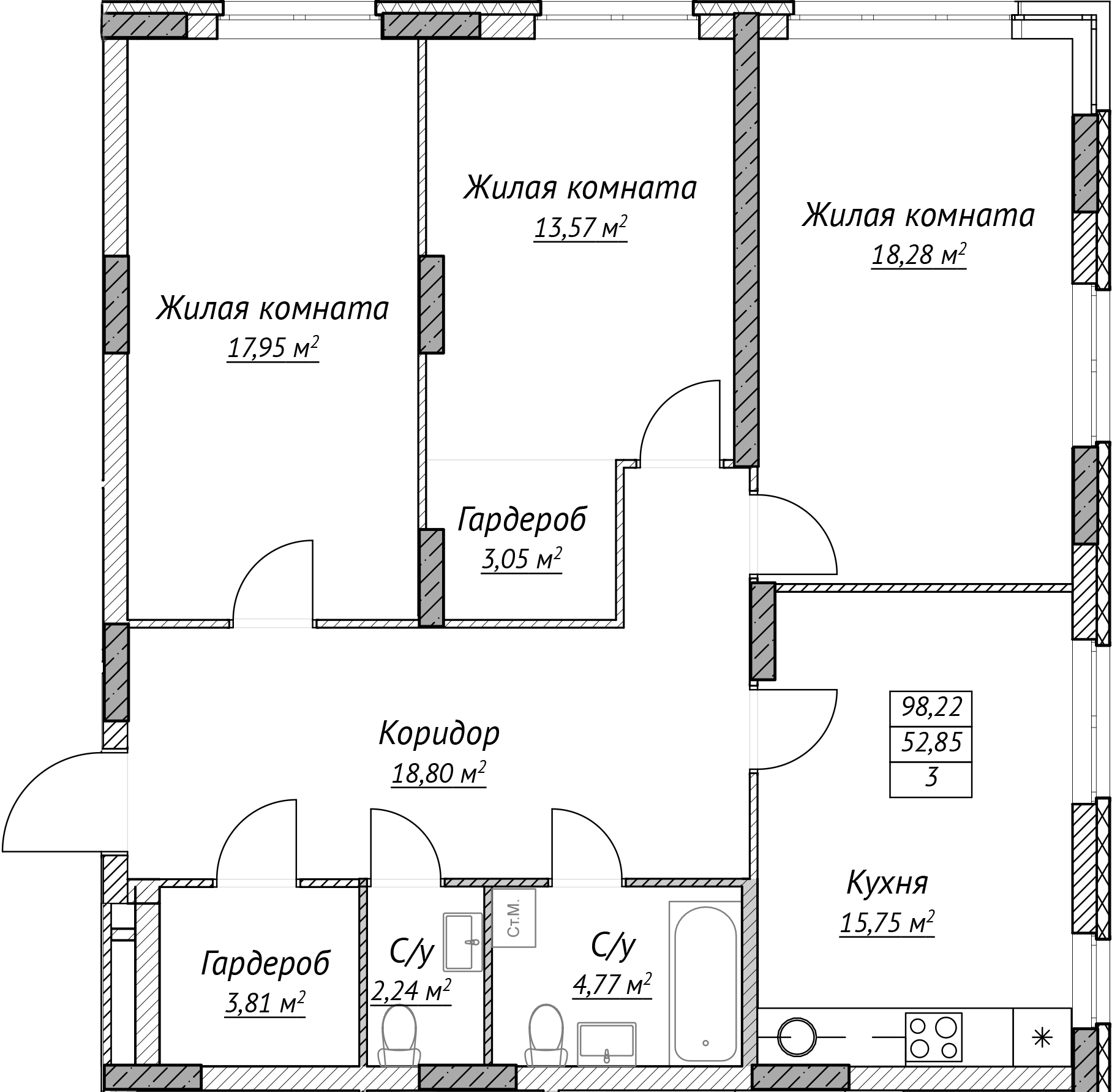Планировка квартиры: три жилые комнаты, кухня, коридор, две гардеробные и два санузла
