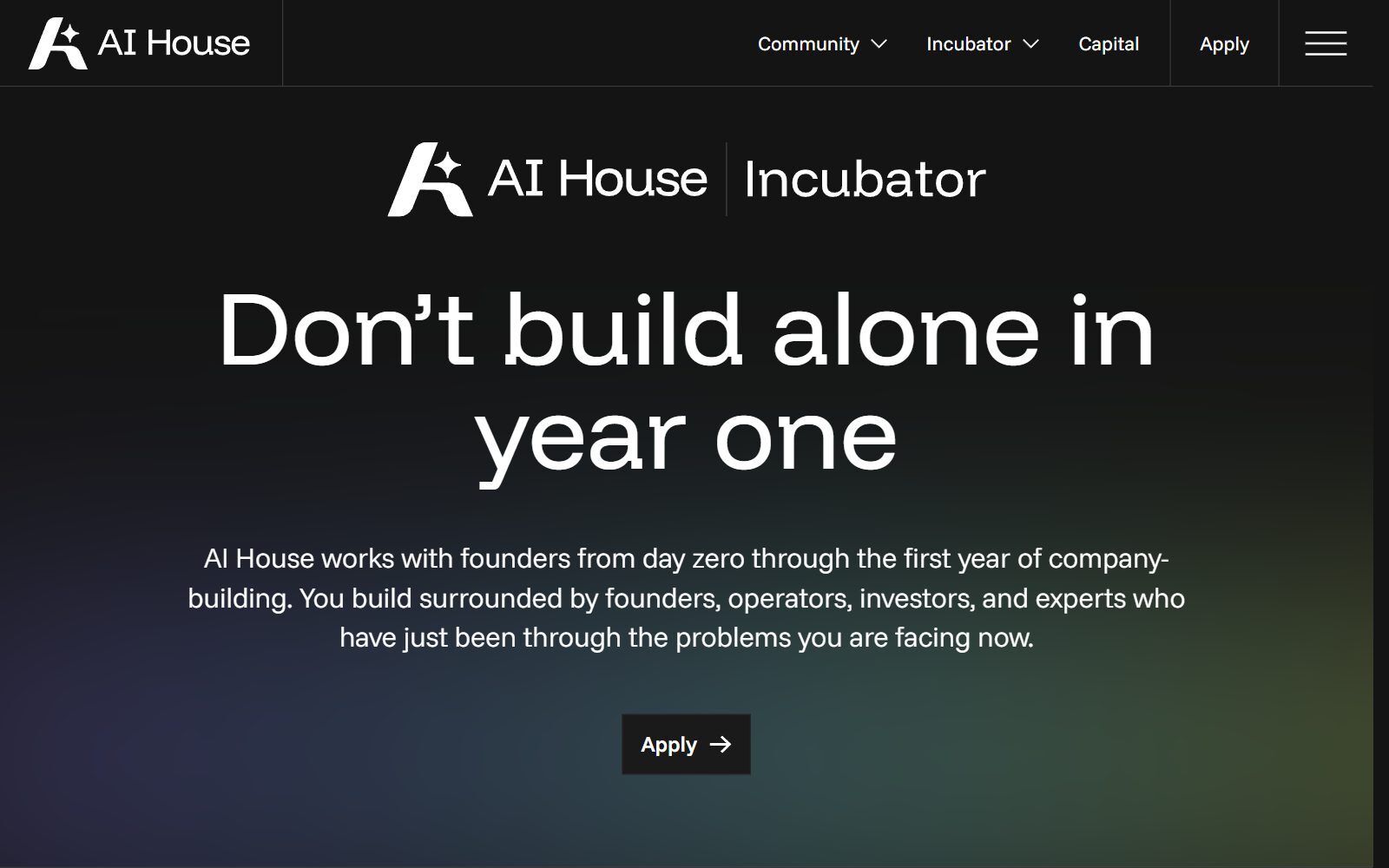 AI House Incubator page screenshot, the Seattle AI incubator formerly called AI2 Incubator (October 2026)