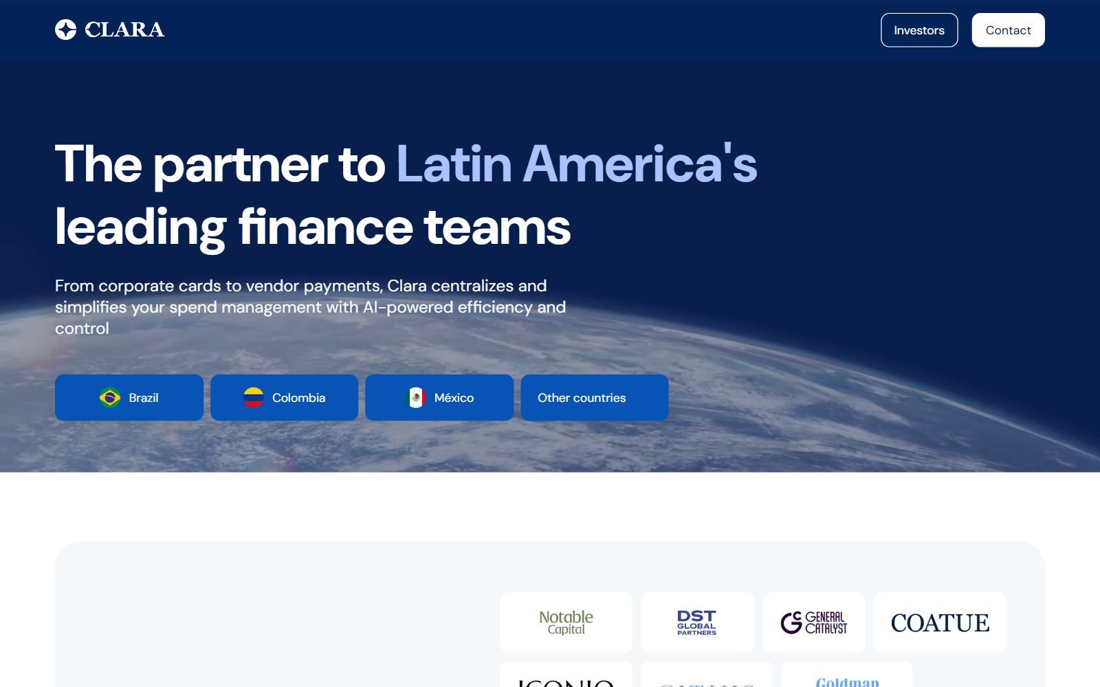 Clara corporate cards homepage screenshot (October 2026)
