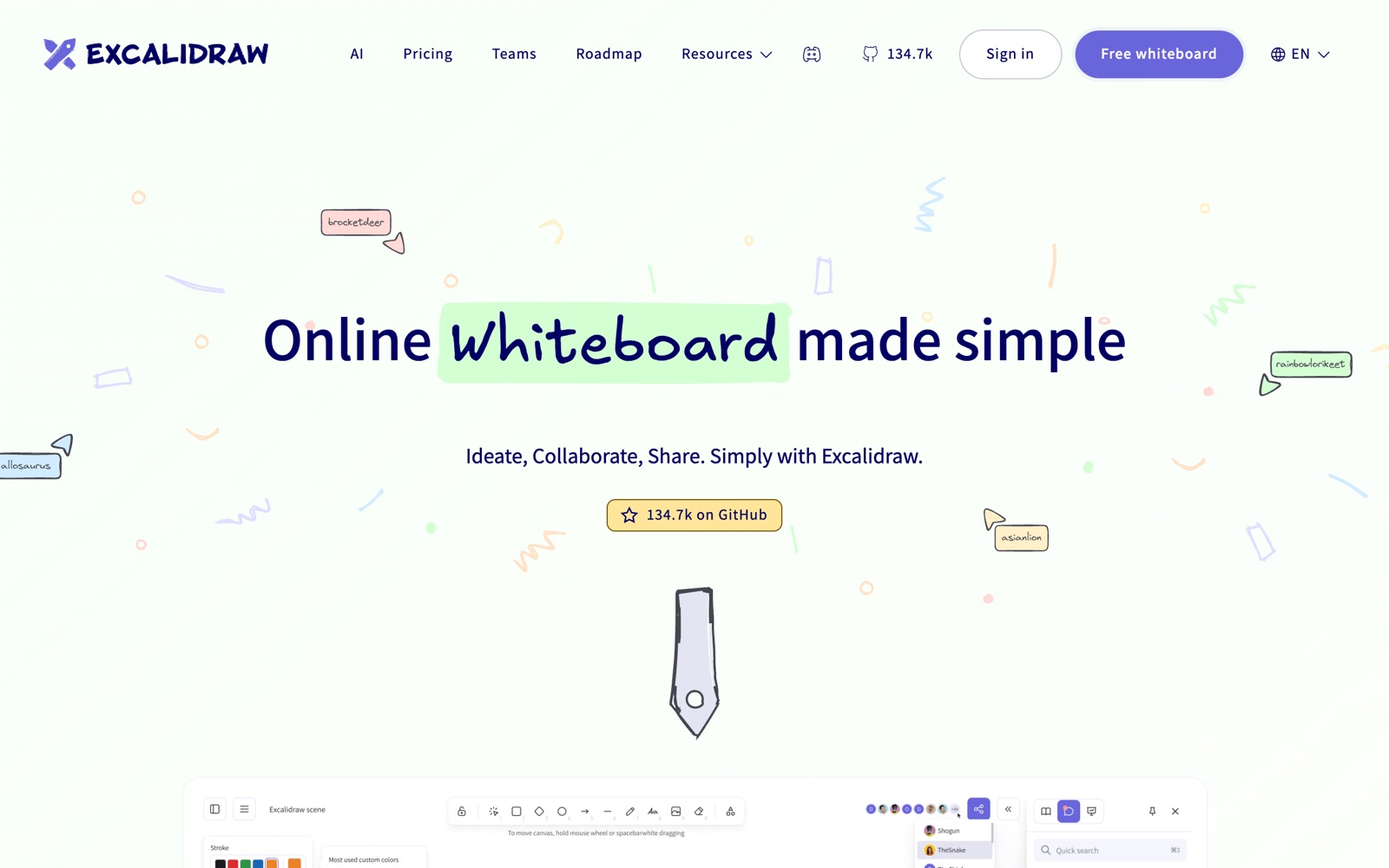 Excalidraw+ homepage screenshot: hand-drawn style online whiteboard