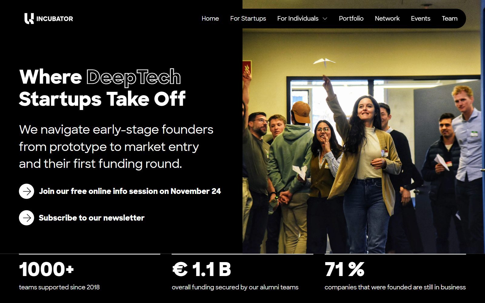 UnternehmerTUM Incubator homepage screenshot (October 2026)