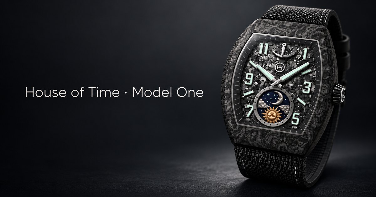 House of Time · Model One: часы на чёрном фоне с подписью бренда