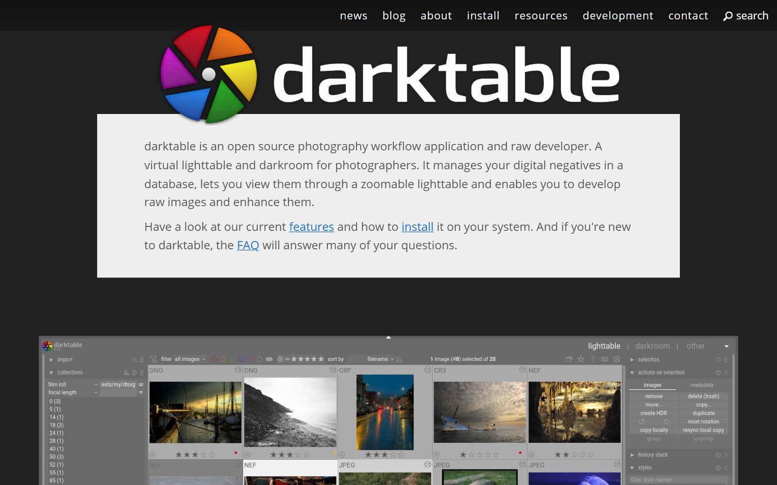 darktable homepage screenshot (October 2026)