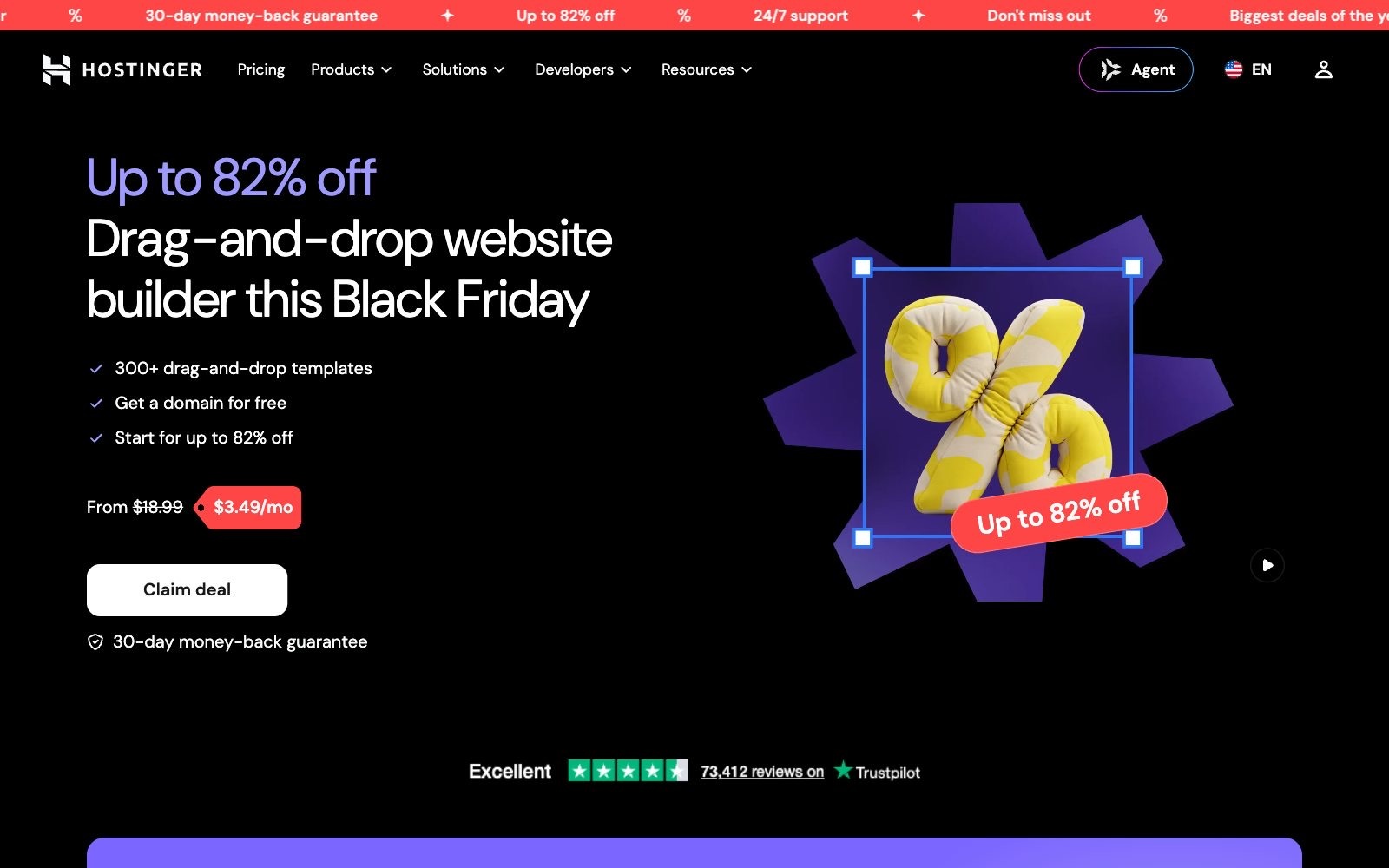 Hostinger Website Builder homepage screenshot: AI website builder from Lithuania