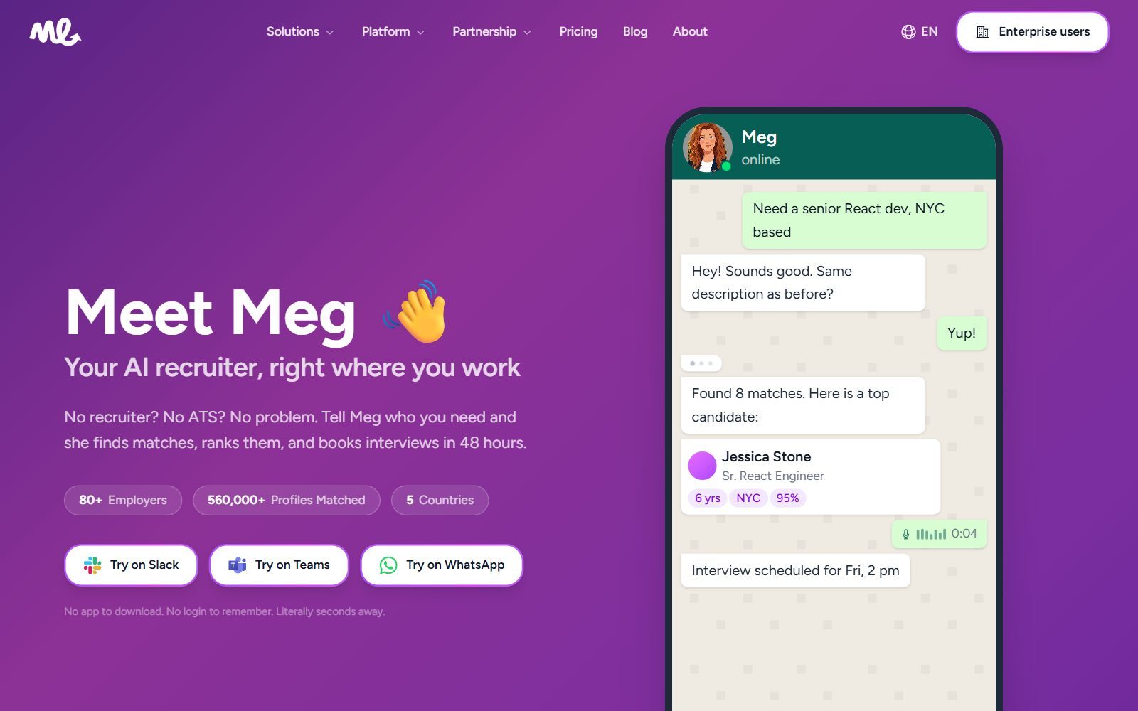 Professional.me Meg AI recruiter homepage screenshot (October 2026)