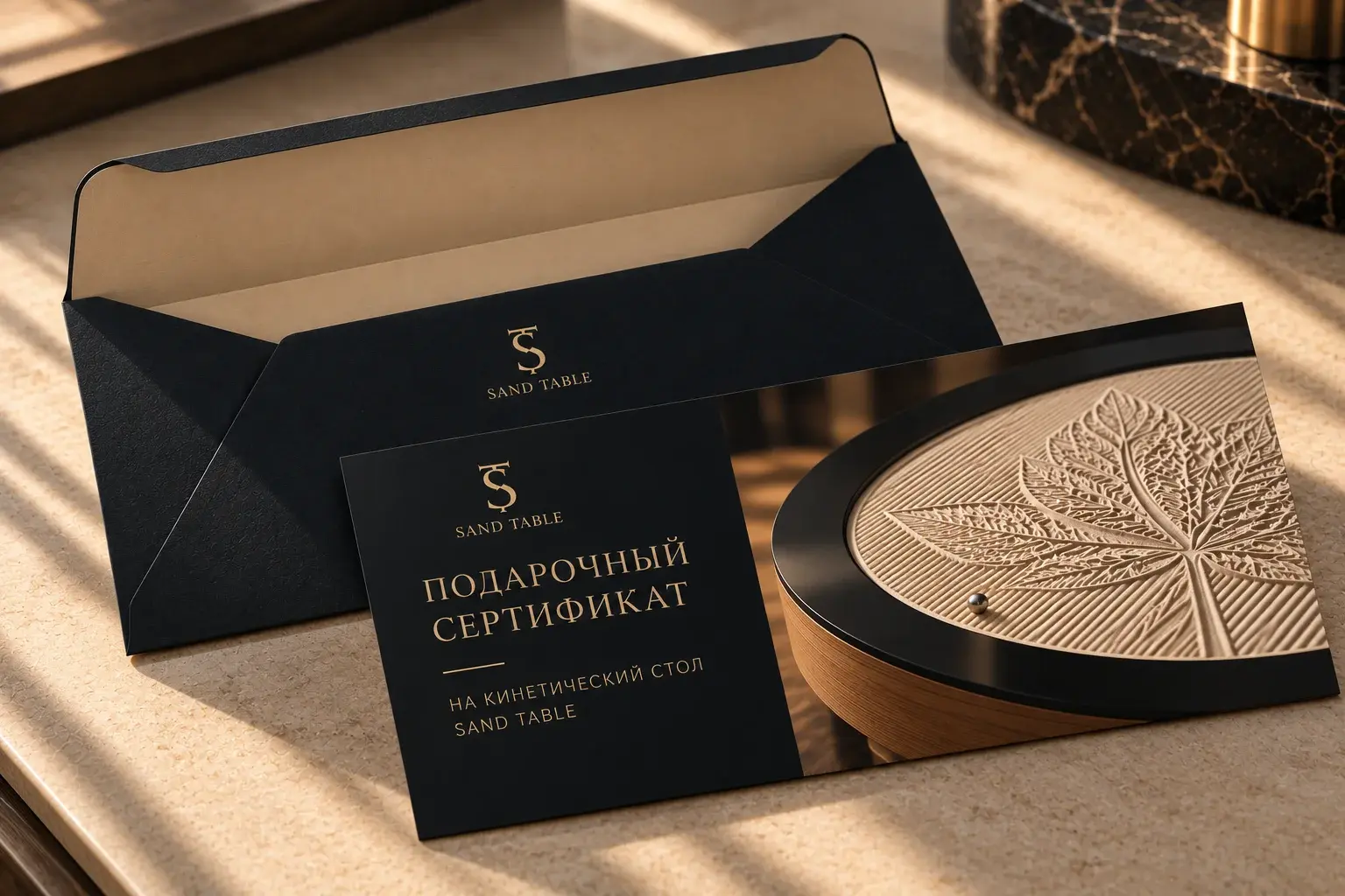 Подарочный сертификат Sand Table на кинетический стол в чёрном конверте с логотипом