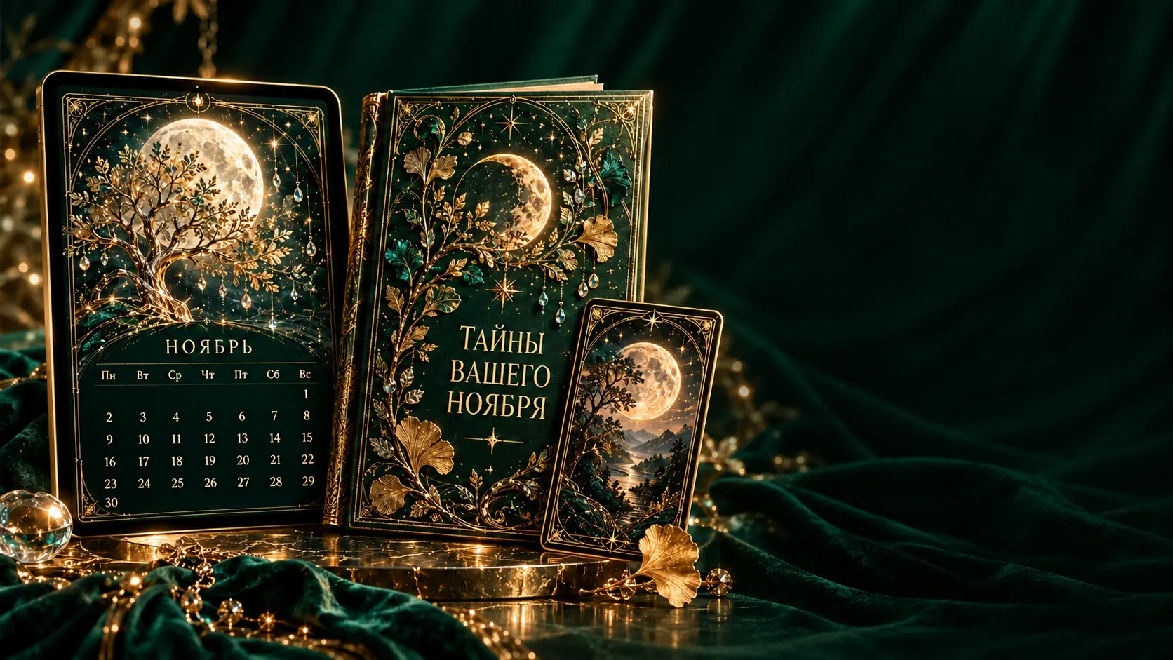 Иллюстрация подарка: изумрудная книга, календарь ноября и карта с золотой луной