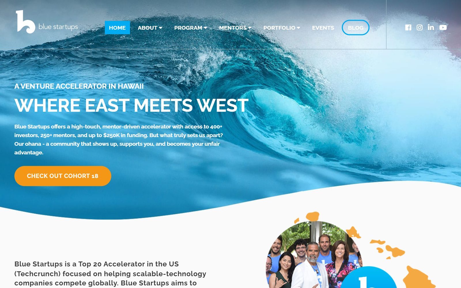 Blue Startups Honolulu accelerator homepage screenshot (October 2026)