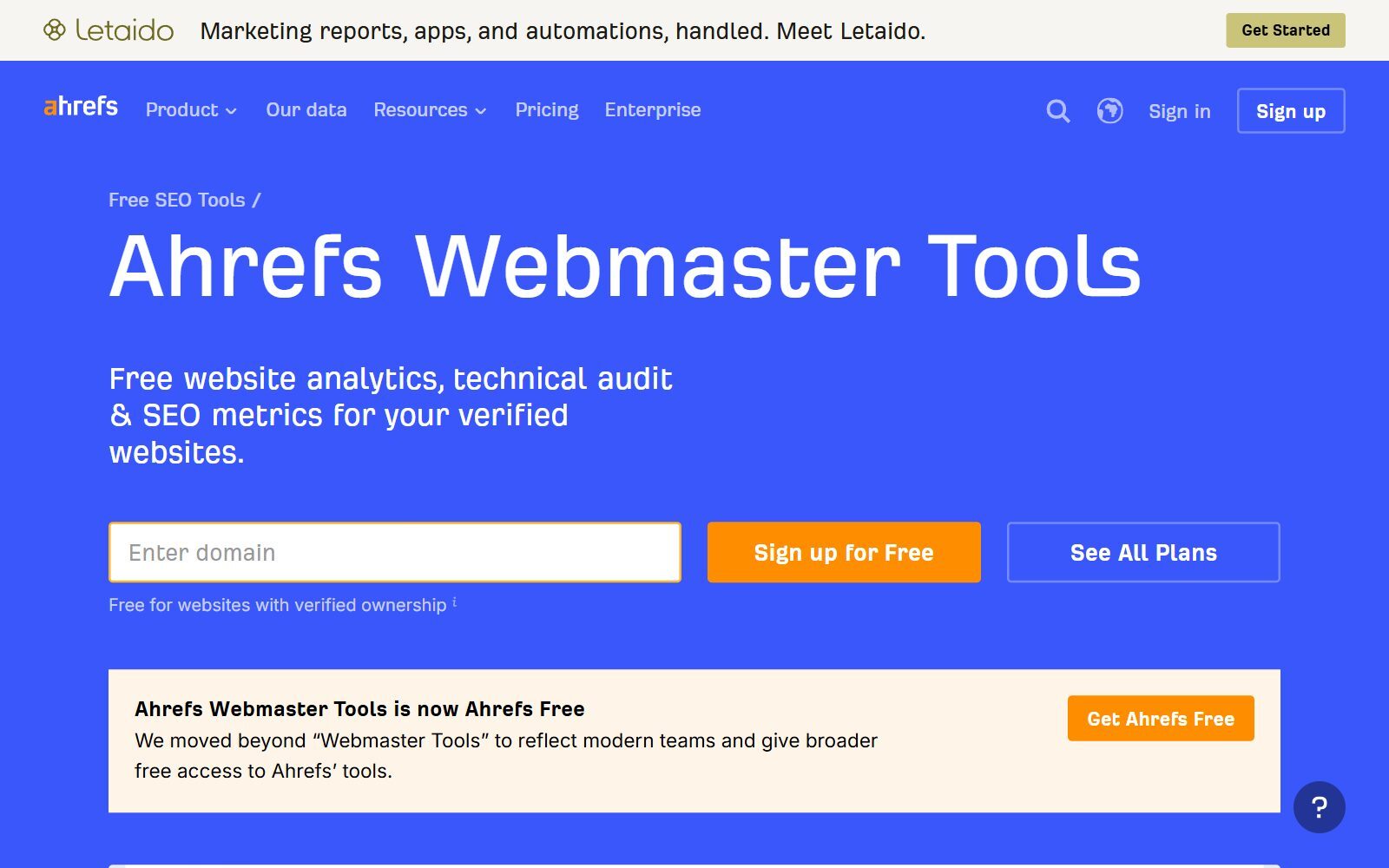 Ahrefs Free (formerly Ahrefs Webmaster Tools) page screenshot (October 2026)