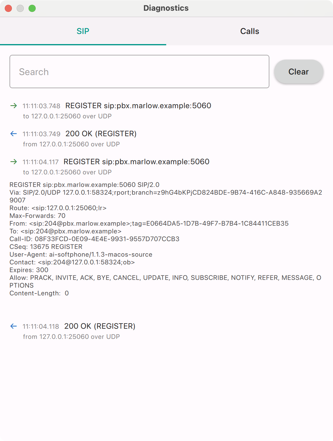 AI Softphone diagnostics window listing SIP REGISTER requests and 200 OK answers from the PBX over UDP