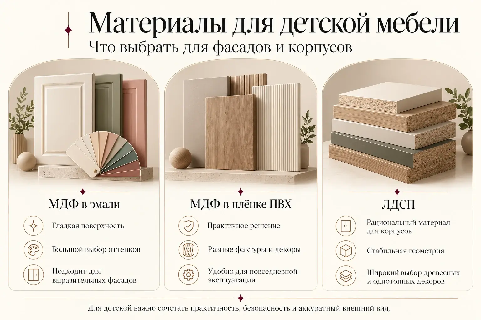 Инфографика: сравнение МДФ в эмали, МДФ в плёнке ПВХ и ЛДСП для мебели детской