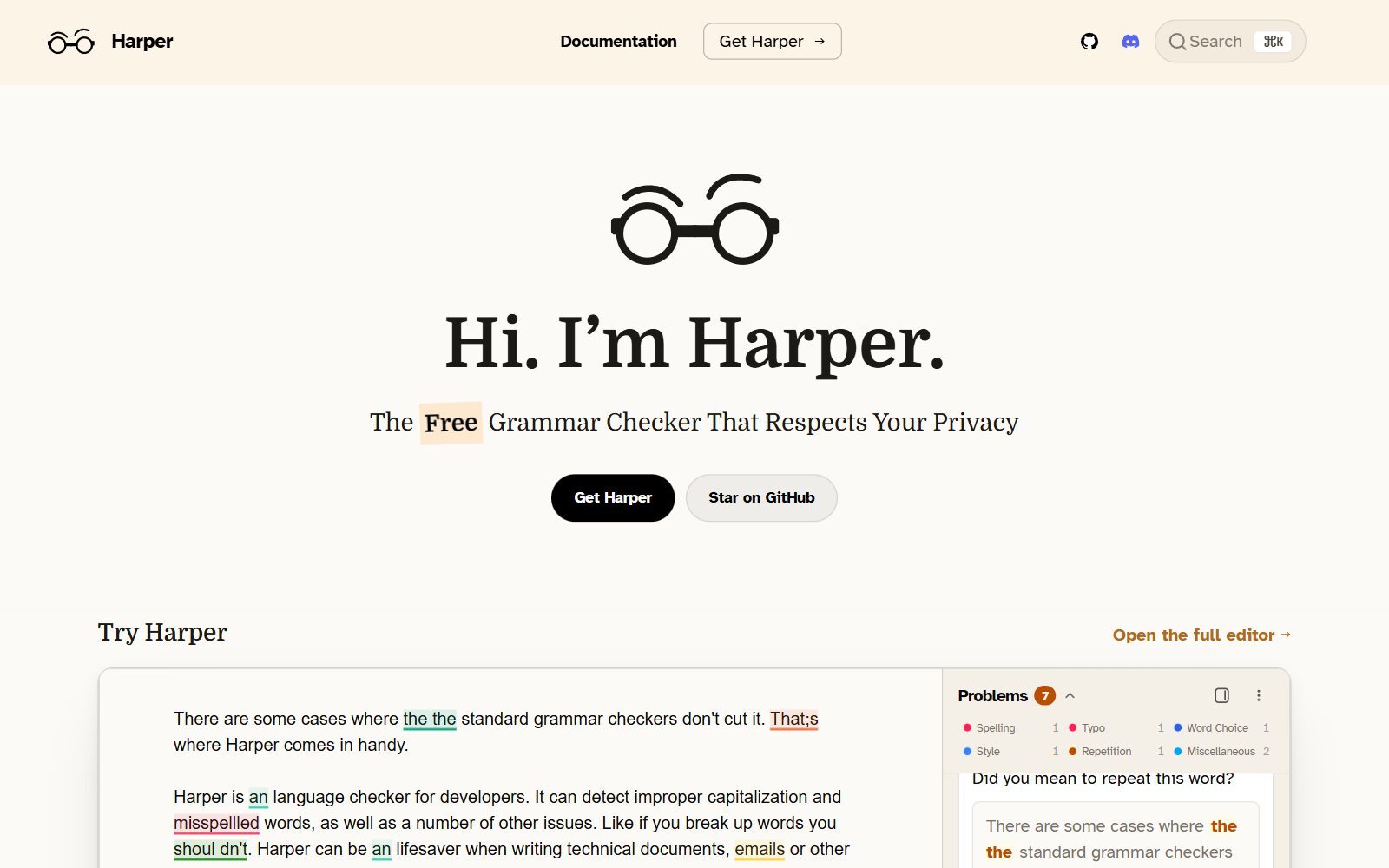 Harper grammar checker homepage screenshot (October 2026)
