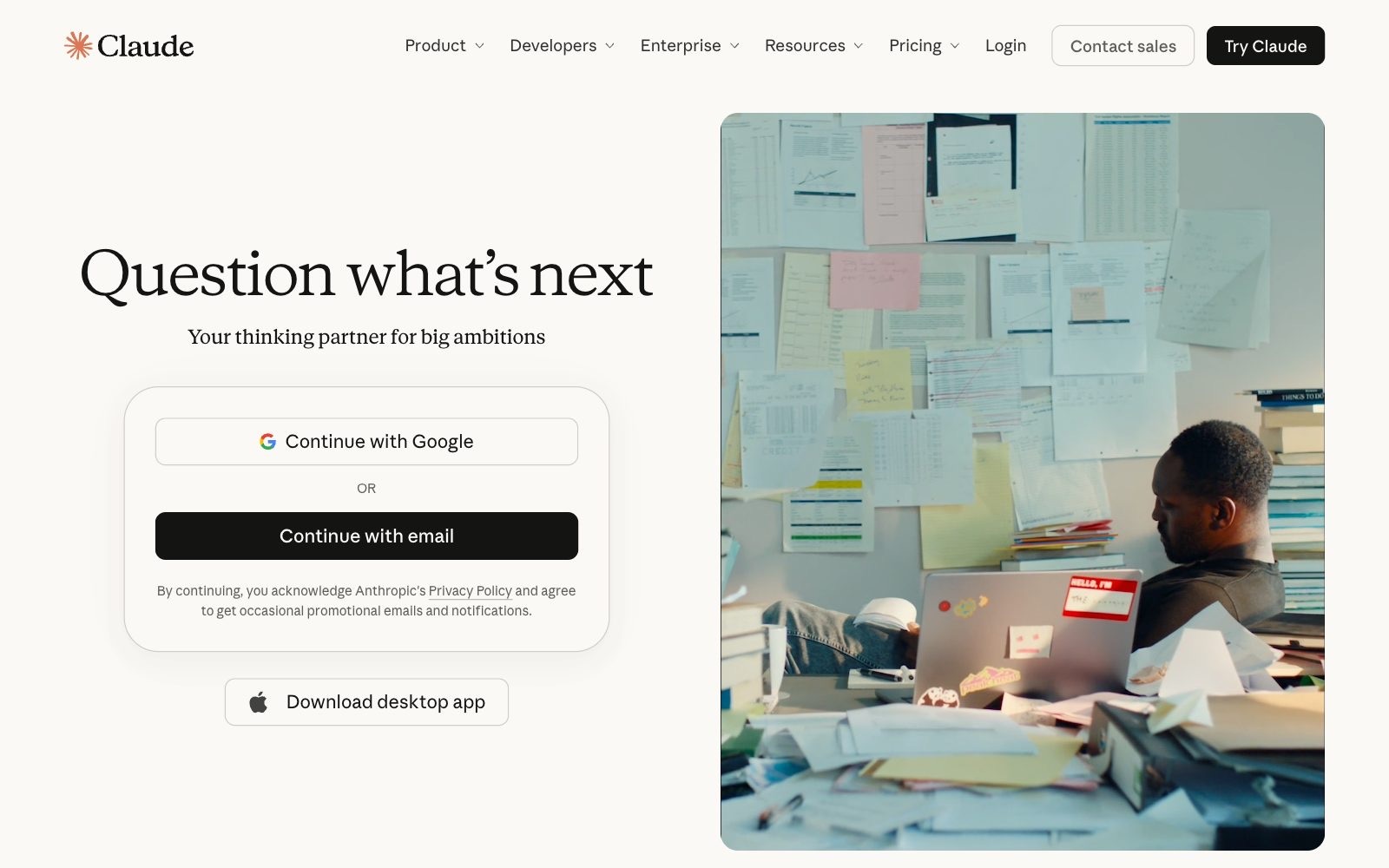 Claude homepage screenshot: Anthropic's AI assistant, sold to small teams as Claude Team