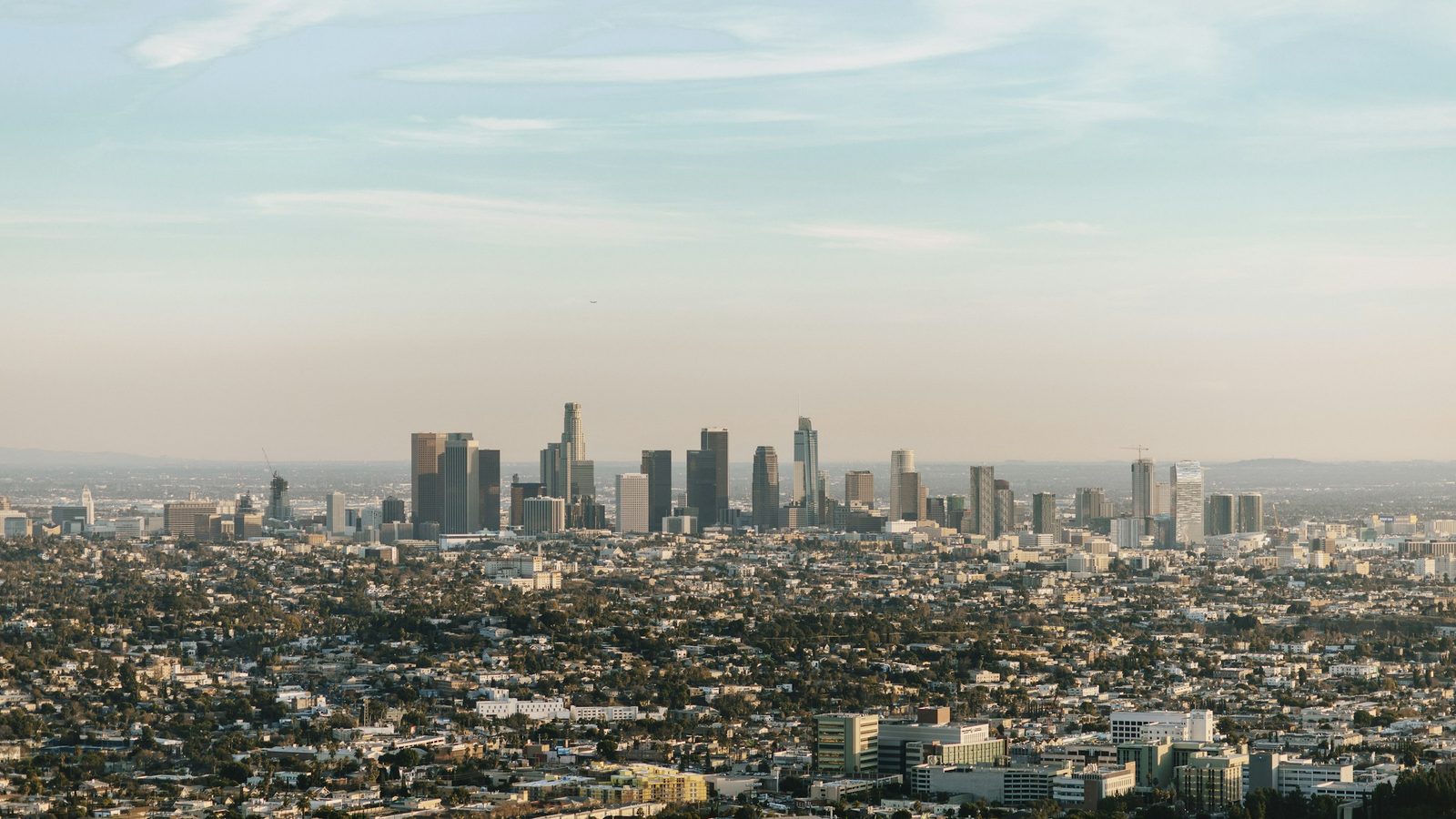 Downtown Los Angeles skyscrapers rising above a wide spread of low-rise neighbourhoods, seen from the hills in soft evening light