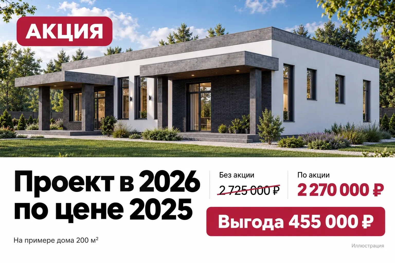 Акция «Проект в 2026 по цене 2025»: пример дома 200 м², стоимость по акции 2 270 000 рублей, выгода 455 000 рублей. Иллюстрация.