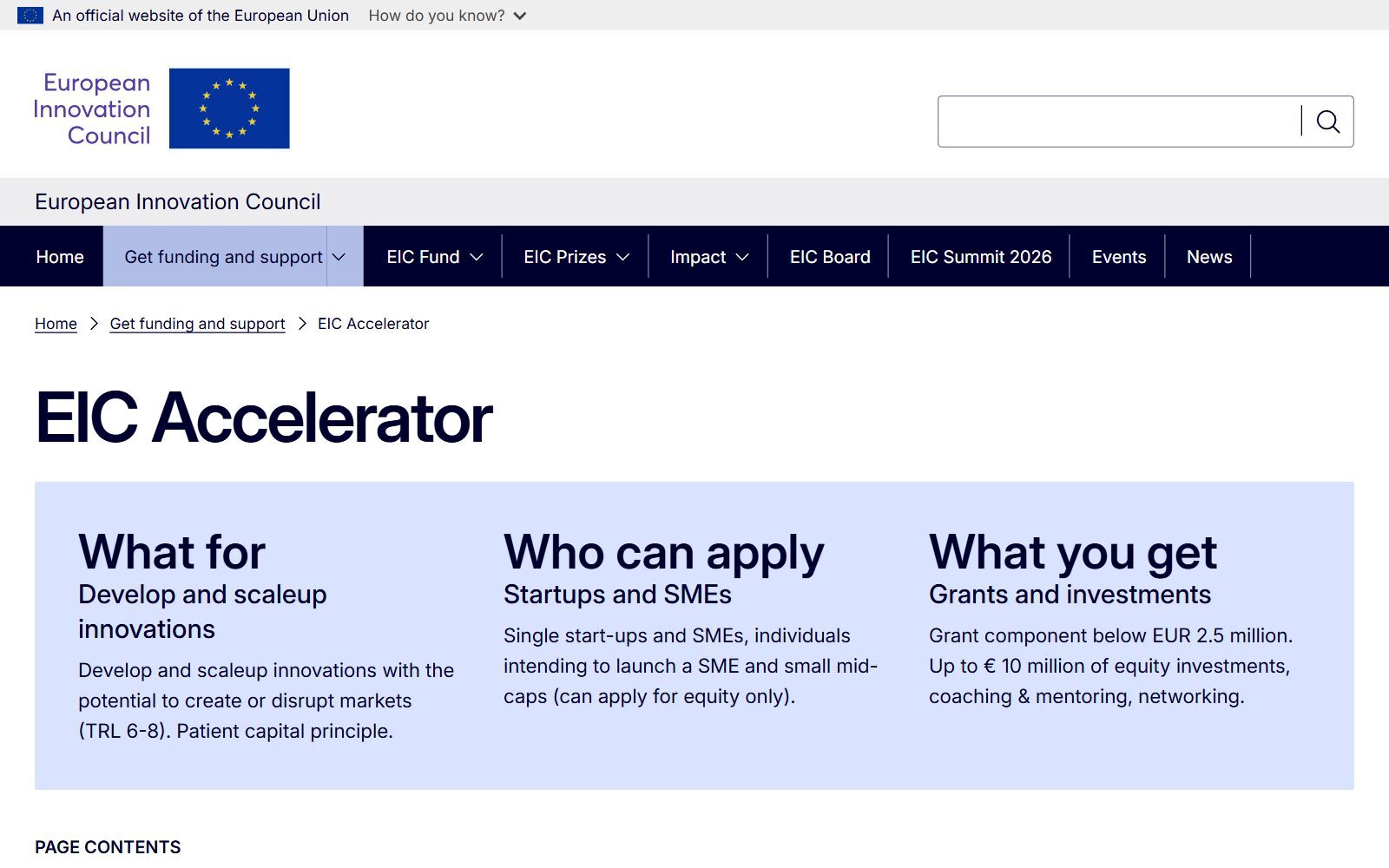 EIC Accelerator page screenshot (October 2026)