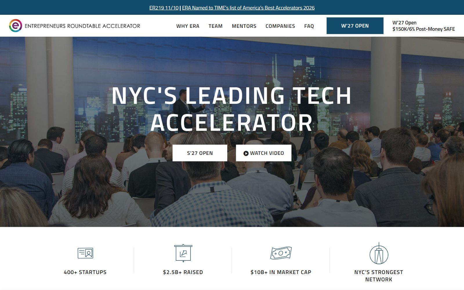Entrepreneurs Roundtable Accelerator homepage screenshot (October 2026)