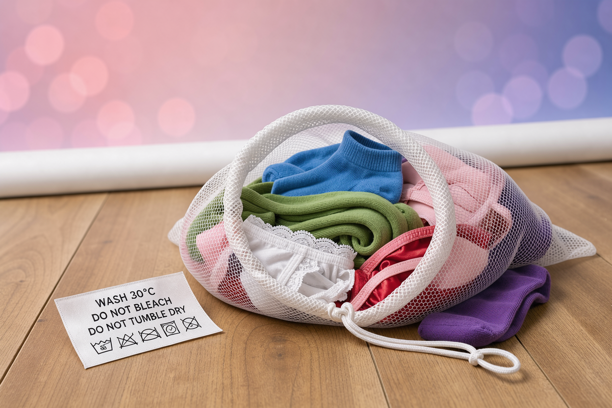 Open mesh laundry bag on a wooden floor containing socks, tights and small lingerie items with a care label visible nearby