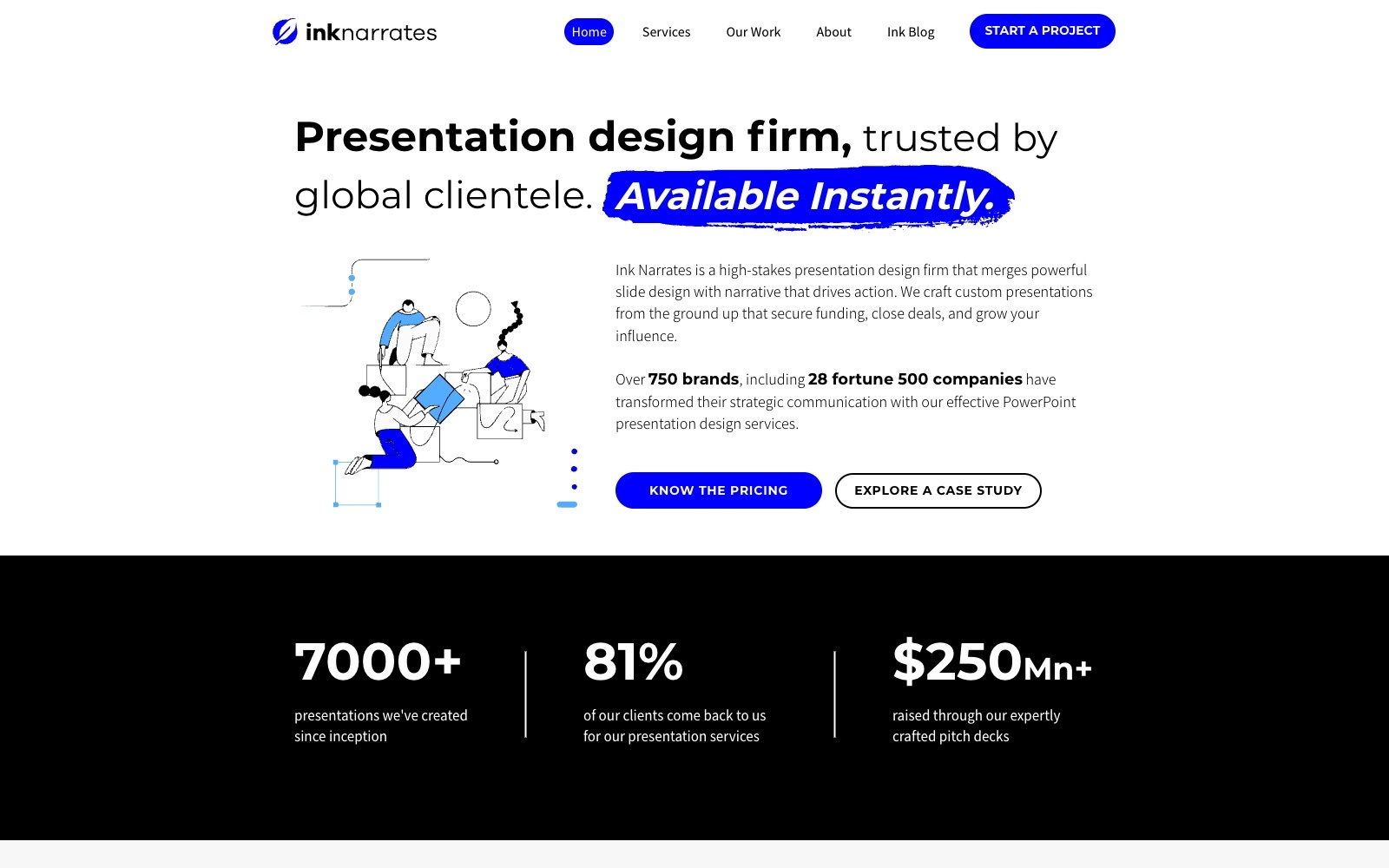 Ink Narrates homepage screenshot: pitch deck agency for startups