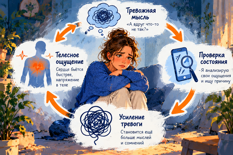 Схема круга тревоги: мысль, телесное ощущение, проверка состояния и усиление тревоги