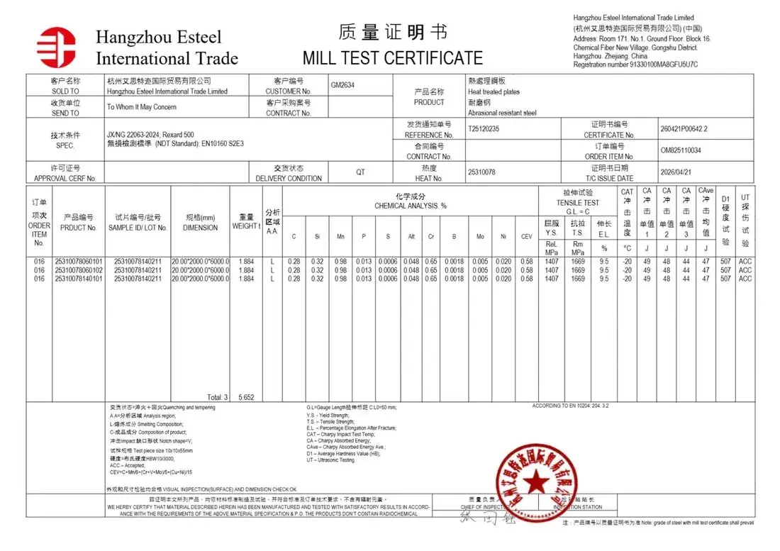 Сертификат Mill Test Certificate, REXARD 500, 20&nbsp;мм