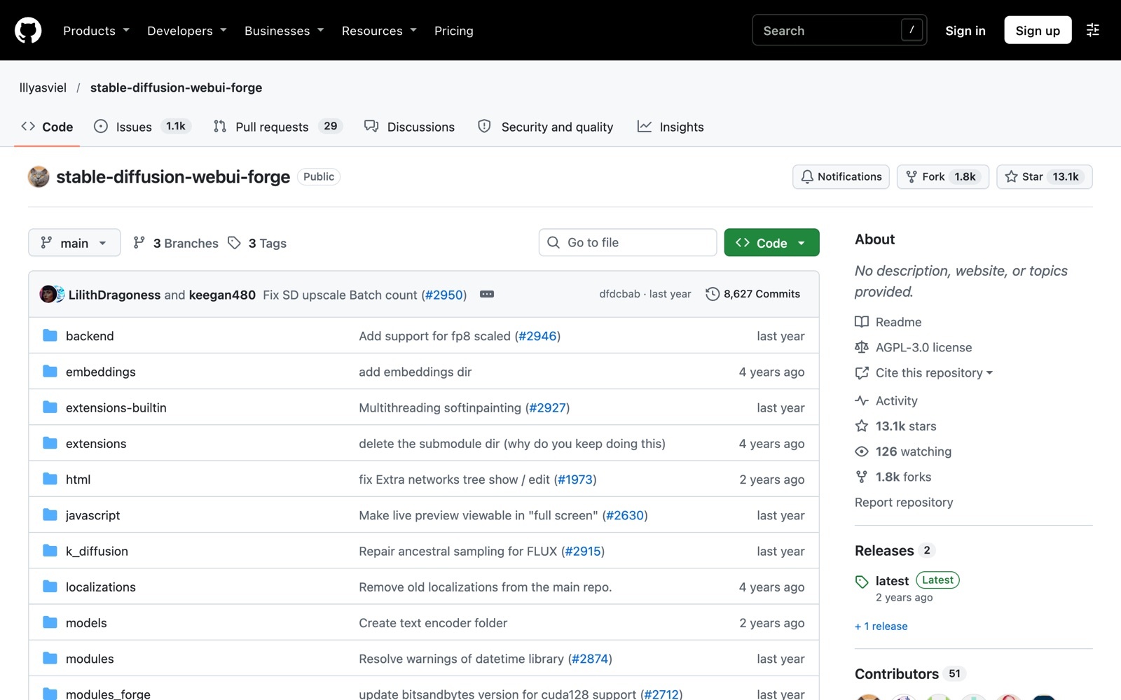 Stable Diffusion WebUI Forge GitHub repository screenshot: AGPL-3.0 web interface for Stable Diffusion and FLUX