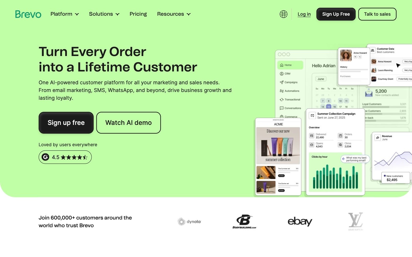 Brevo homepage screenshot: email marketing platform with an AI content generator