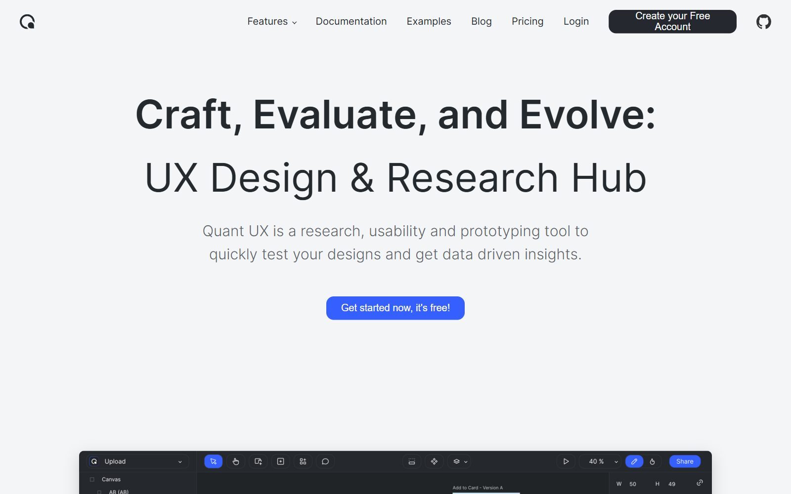 Quant-UX prototyping and user testing tool homepage screenshot (October 2026)