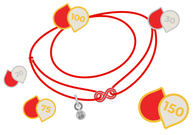 Значки DonorSearch за 20–150 донаций и браслет донора