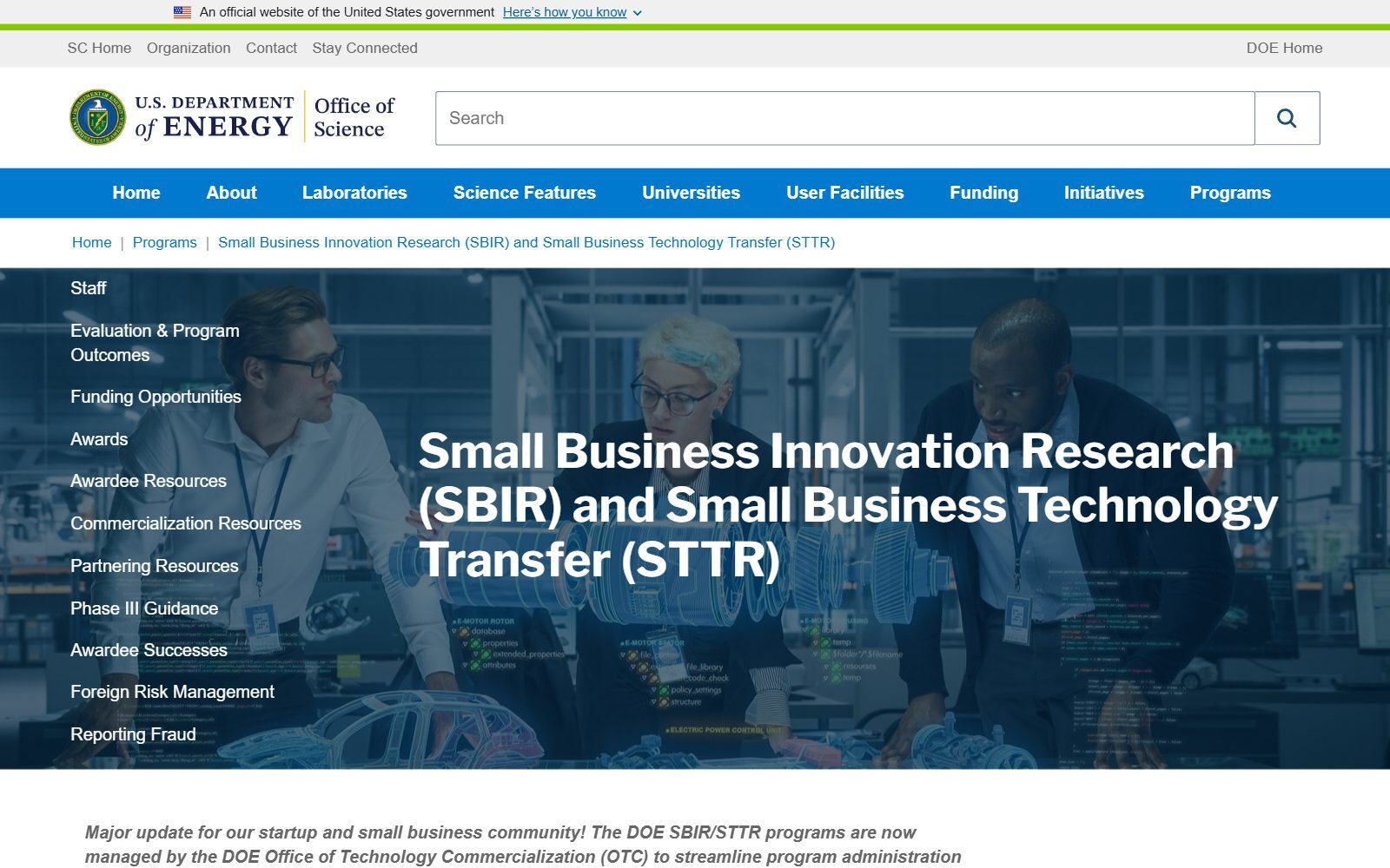 DOE Office of Science SBIR and STTR programme page announcing management by the Office of Technology Commercialization, screenshot (October 2026)