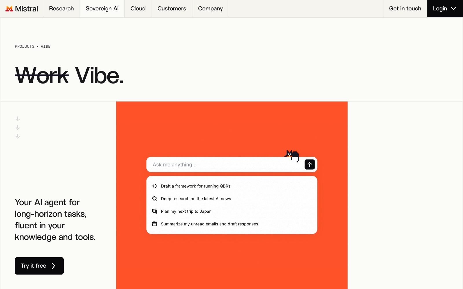 Mistral Vibe homepage screenshot: Mistral's AI assistant, formerly Le Chat