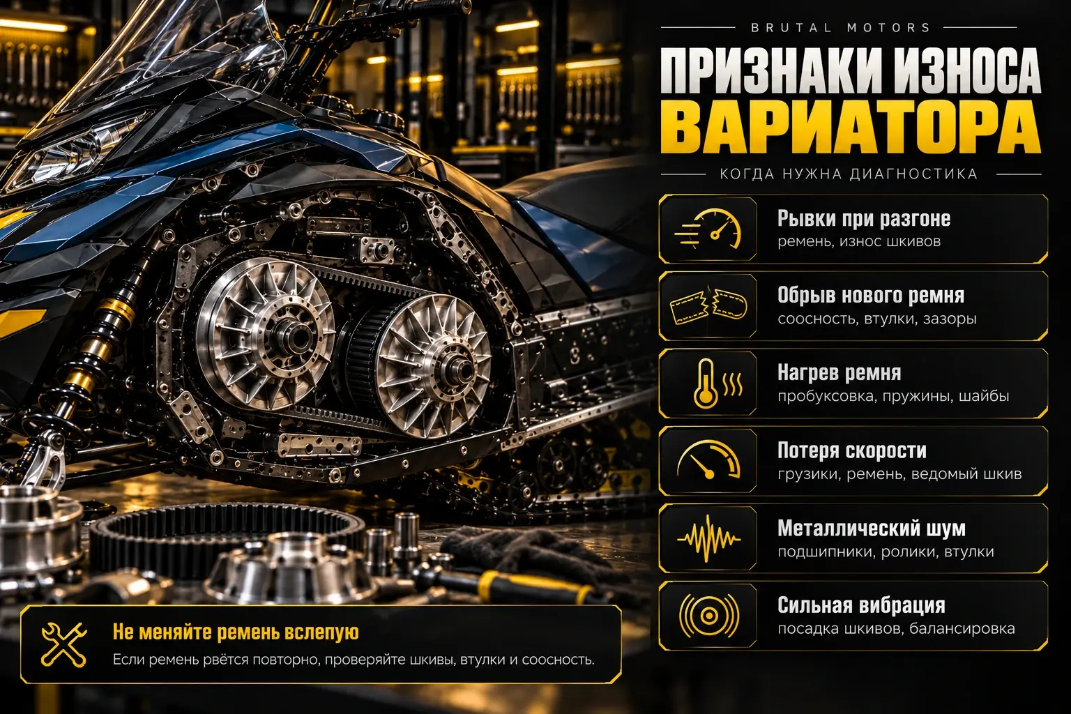 Признаки износа вариатора снегохода: рывки, перегрев ремня, вибрация